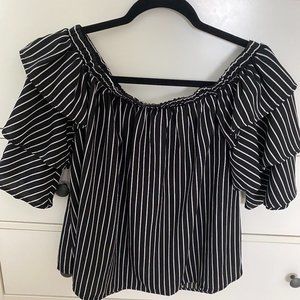 Blue Rain Francesca's Women's Black and White Striped Off-the-Shoulder Top.